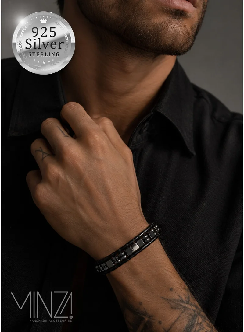Minza Minza “Iron” Men’s Bracelet, 925 Sterling Silver Cube Plaque, Hematite & Leather Adjustable Bracelet for Men, Handmade Jewelry for Casual & Everyday Wear.