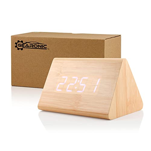 GEARONIC Digital Alarm Clock Wooden Alarm Clock Wood Modern Triangle Alarm Digital Desk Clock, Displays Time Date Temperature Calendar Wood Made Electric Clocks for Bedroom, Bedside - Bamboo - Image 5