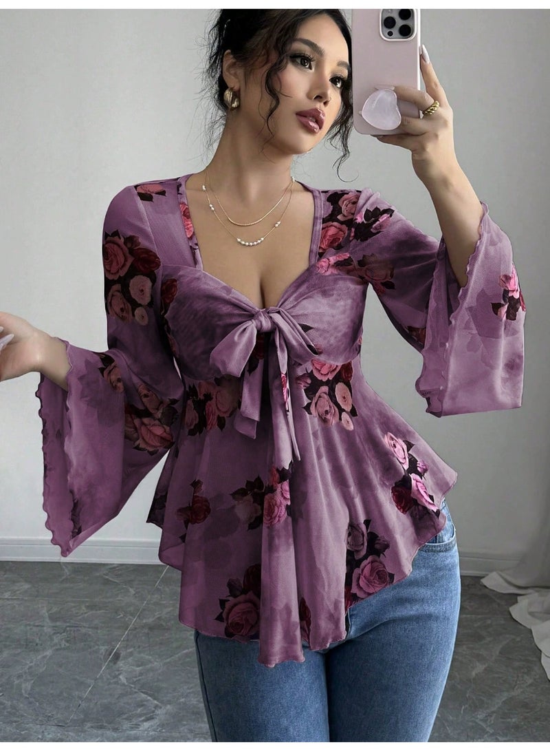 general 2025-2026 Design-inspired French-style sweet floral gradient hemmed strap square-neck long-sleeved shirt - Image 1