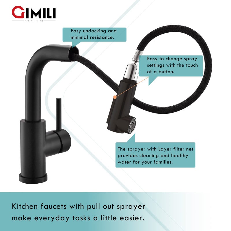 GIMILI Modern Bar Sink Faucet for Kitchen Sink Single Handle with Pull Out Sprayer Hot and Cold Prep Sink Faucet Matte Black - Image 4