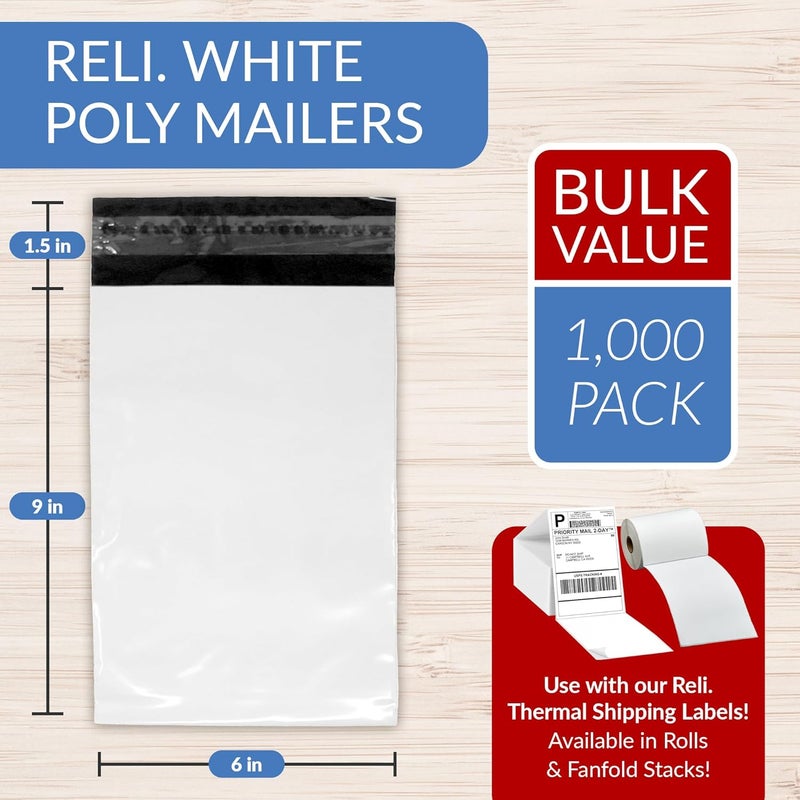 Reli. . Poly Mailers 6x9 | 1000 Pcs Bulk | Small Mailing Envelopes/Shipping Bags | White Packaging Bags for Shipping | Non-Padded Poly Mailers | Self Sealing for Small Items, Bulk (White) - Image 2