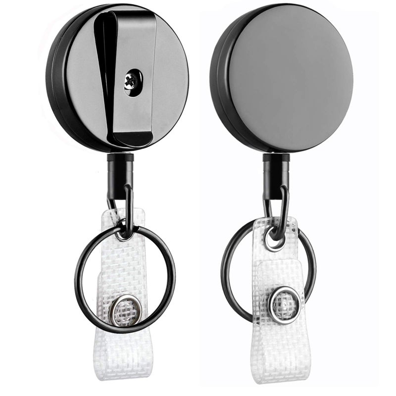 Will Well 2 Pack Heavy Duty Retractable Badge Holder Reel, Will Well Metal ID Badge Holder with Belt Clip Key Ring for Name Card Keychain [All Metal Casing, 27.5" UHMWPE Fiber Cord, Reinforced Id Strap] - Image 1