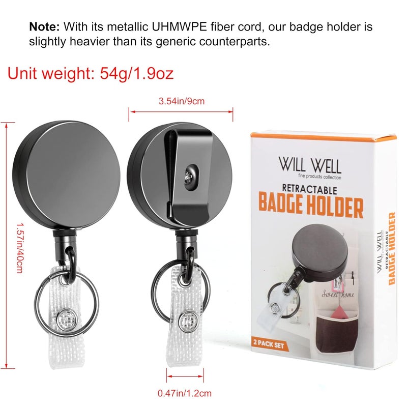 Will Well 2 Pack Heavy Duty Retractable Badge Holder Reel, Will Well Metal ID Badge Holder with Belt Clip Key Ring for Name Card Keychain [All Metal Casing, 27.5" UHMWPE Fiber Cord, Reinforced Id Strap] - Image 5
