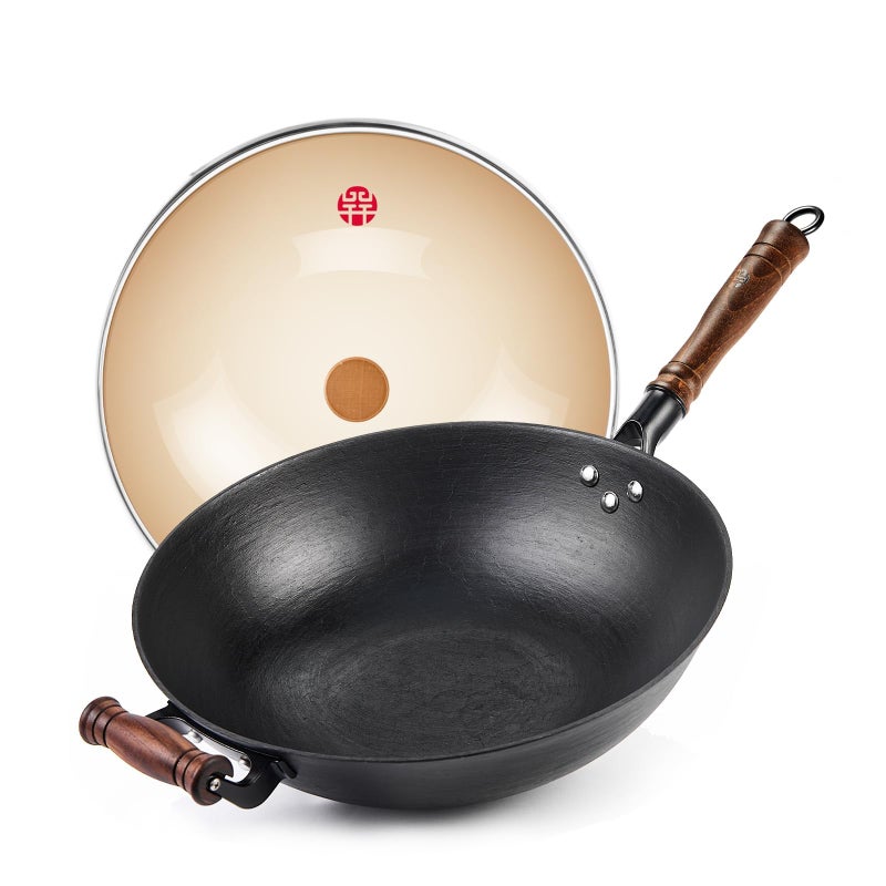 WANGYUANJI Cast Iron Wok,14.1 inch Flat Bottom Wok with Glass Lid,Suitable for All Cooktops, Uncoated Craft Pot Healthy Cooking Pot - Image 1