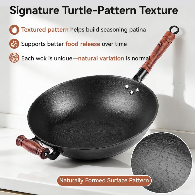 WANGYUANJI Cast Iron Wok,14.1 inch Flat Bottom Wok with Glass Lid,Suitable for All Cooktops, Uncoated Craft Pot Healthy Cooking Pot - Image 2