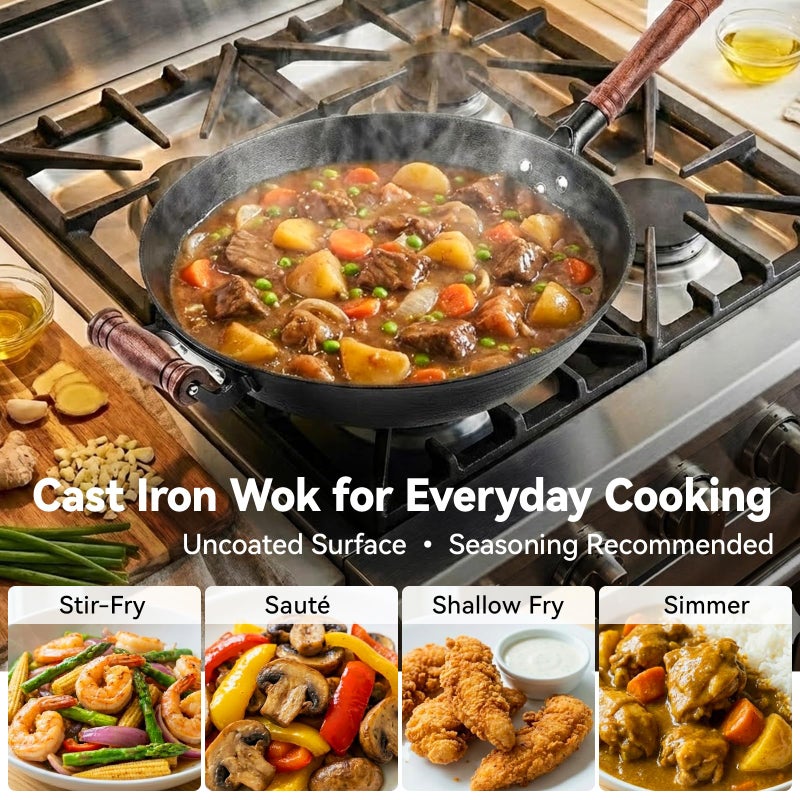 WANGYUANJI Cast Iron Wok,14.1 inch Flat Bottom Wok with Glass Lid,Suitable for All Cooktops, Uncoated Craft Pot Healthy Cooking Pot - Image 4