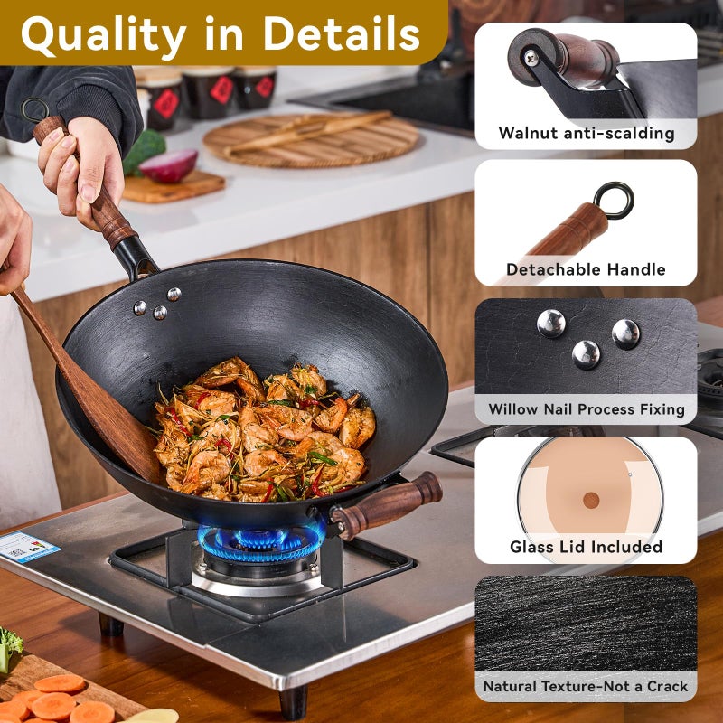 WANGYUANJI Cast Iron Wok,14.1 inch Flat Bottom Wok with Glass Lid,Suitable for All Cooktops, Uncoated Craft Pot Healthy Cooking Pot - Image 5