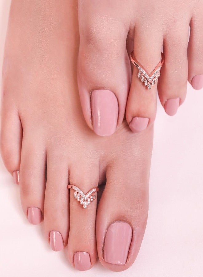 ZAVYA 925 Sterling Silver Gorgeous Cubic Zirconia CZ Crown Rose Gold Plated Adjustable Pair Toe Ring for Women | Stylish Silver Jewellery | Gift for Women | With Certificate and 925 Hallmark - Image 3