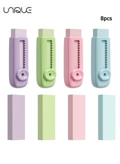 Unique 8-Piece Sliding Retractable Pencil Erasers - 4 Cute Colors with Dynamic Push-Pull Design, Includes 4 Expandable Erasers and 4 Refill Erasers for Students and Creatives  - Image 1