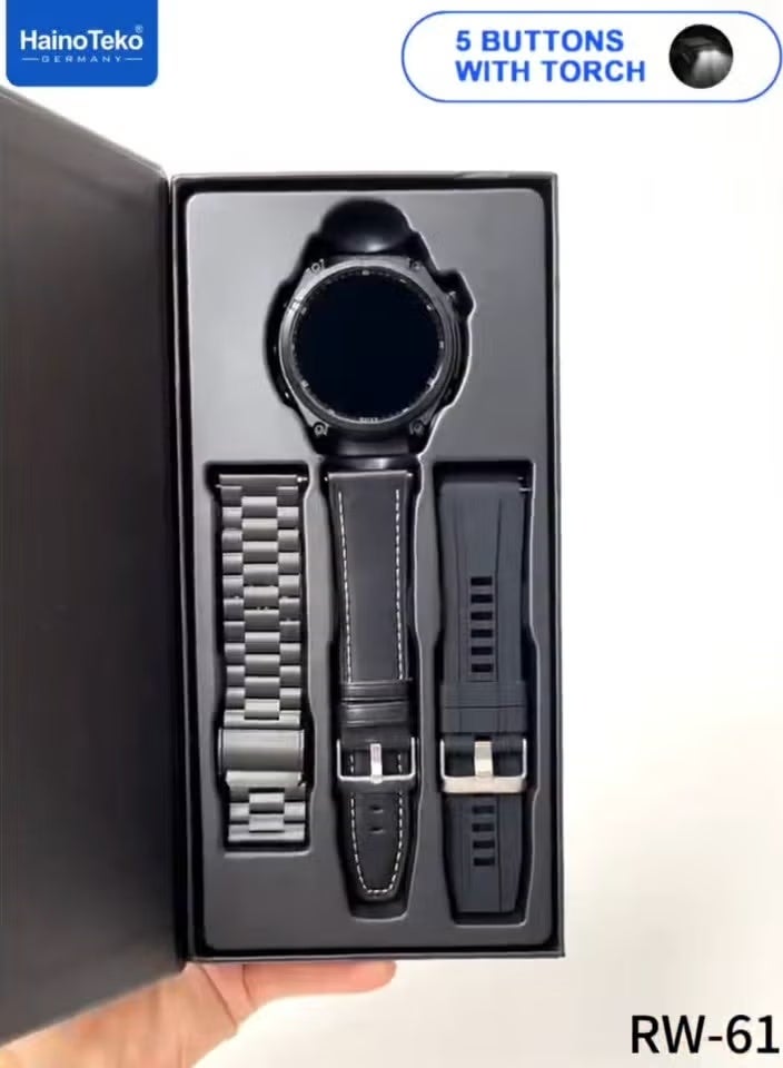 HainoTeko “RW-61 Smartwatch for Ladies & Gents in Black with Round AMOLED Display, Built-In Flashlight, 3 Interchangeable Straps, Fitness & Health Monitoring with Heart Rate & Sleep Tracking, Smart Notifications, Long Battery Life, Stylish Unisex Design for Daily, Sports, and Office Use.” - Image 4