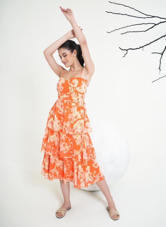 PURVAJA Women’s Layered Below Knee Length Dress (Floe-024_Orange_Large) - Image 4