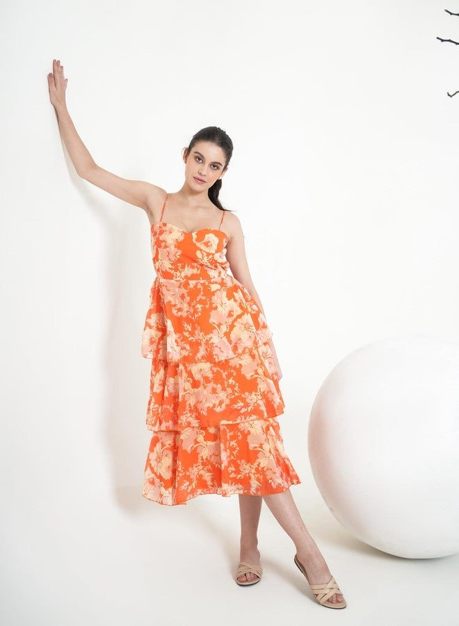 PURVAJA Women’s Layered Below Knee Length Dress (Floe-024_Orange_Large) - Image 3