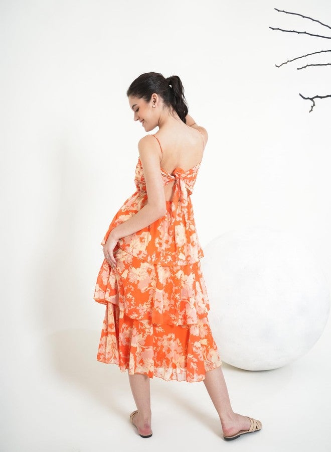 PURVAJA Women’s Layered Below Knee Length Dress (Floe-024_Orange_Large) - Image 2