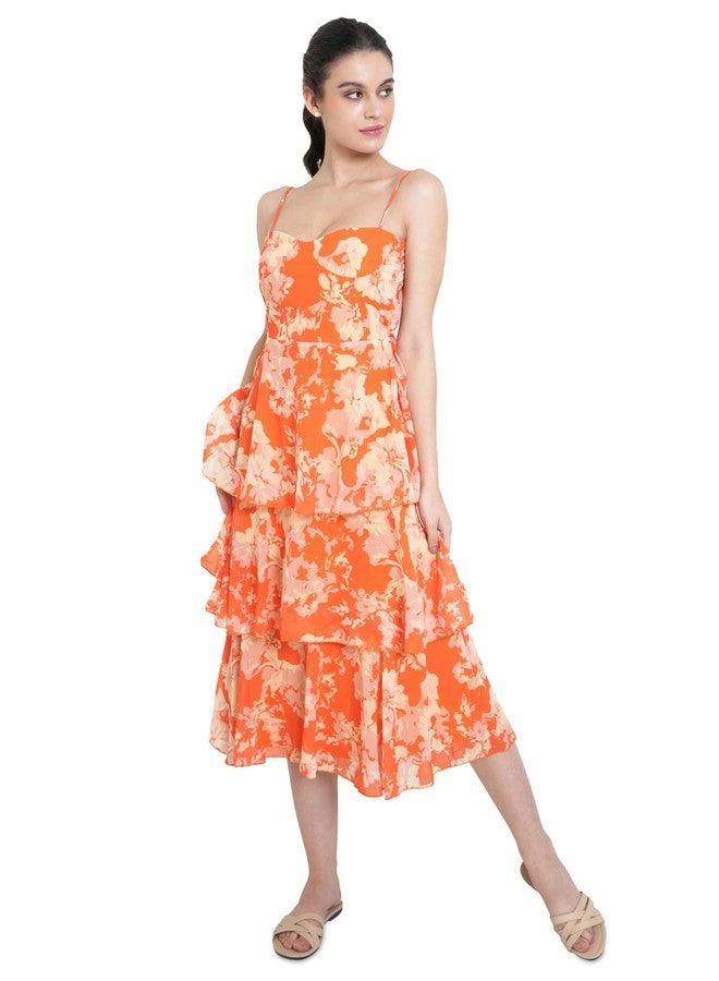 PURVAJA Women’s Layered Below Knee Length Dress (Floe-024_Orange_Large) - Image 1