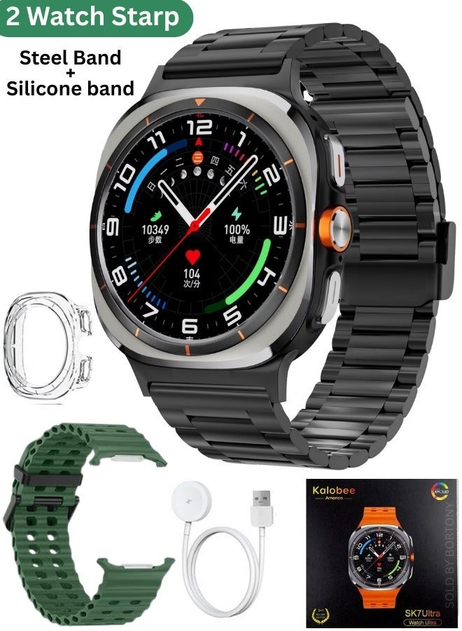 Kalobee SK7 Ultra Smartwatch with 2 Straps Black Stainless Steel + Green Silicone, 1.53″ Display, Smart Watch Bluetooth Call, Fitness and Health Tracker, TPU Case and Charger - Image 1