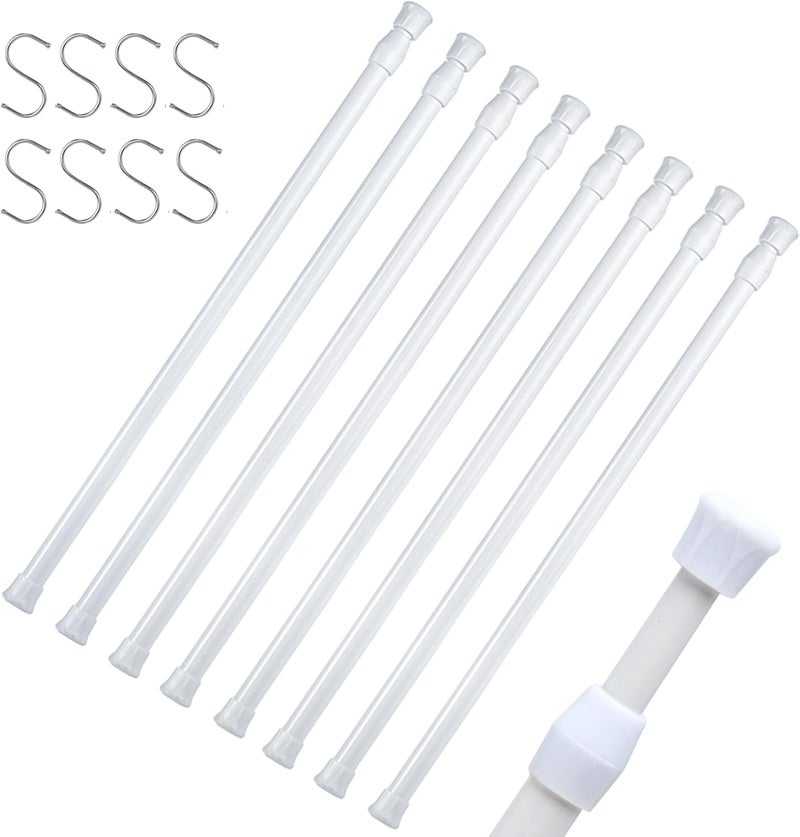 DeELF Outlet 8 Packs Small Tension Rods 16 to 28 inch, Spring Loaded Curtain Rods, RV Refrigerator Tension Rod, RV Curtain Rod for Camper Windows, Kitchen, Closet and Cabinet, White - Image 1