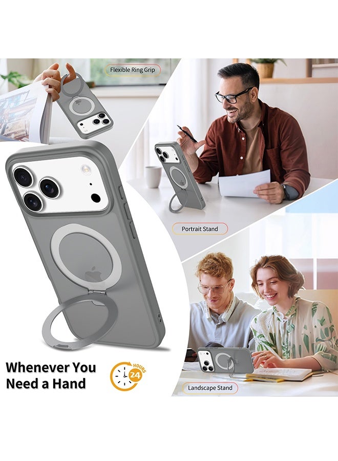 حامل مغناطيسي قابل للدوران 360° لحافظة iPhone 17 Pro Max، متوافق مع MagSafe، حافظة واقية حسب معيار Mil-STD لهاتف iPhone 17 Pro Max مع مسند قابل للدوران بحجم 6.9 بوصة، رمادي - Image 3