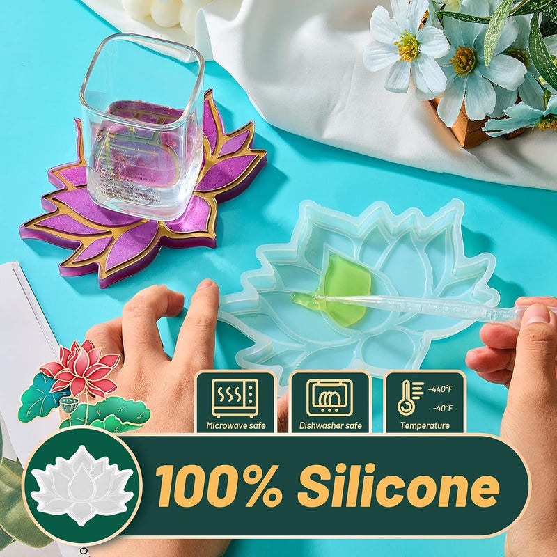 Artool Coaster Resin Mold Lotus Flower Coaster Mold Lotus Flower Coaster Epoxy Resin Mold Flower Coaster Mold Cup Mat Silicone Mould Lotus Flower Mold Resin DIY Crafts Decorations Making (Transparent)  - Image 3