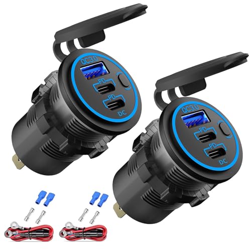 Hapytrip 2 Pack 12V USB Outlet Wired Charger Multi Port, Dual PD3.0 USB-C and Quick Charge 3.0 Car Port Socket with Power Switch, Fast Charger for Cell Phone Tablet, Suitable for Car Boat RV Marine ATV - Image 1