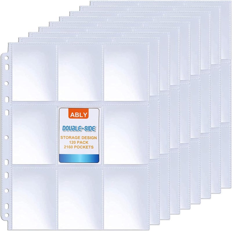 ABLY 120 Pages Double-Sided Trading Card Pages Sleeves 9-Pocket Clear Plastic Game Card Protectors for Skylanders, Pokemon, Baseball Cards and More, Fit 3 Ring Binder - Image 1