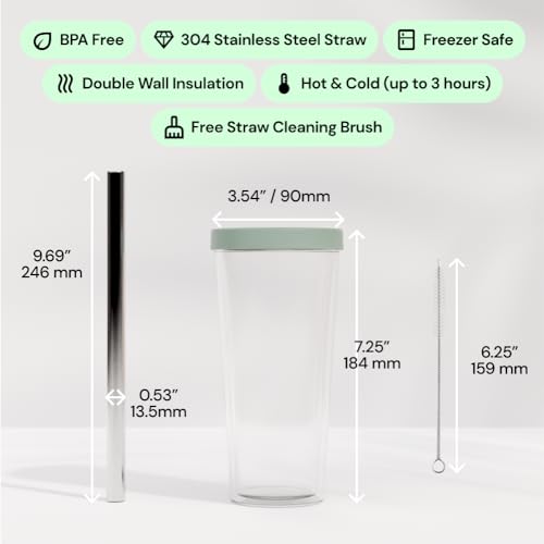Dodoko Reusable Boba Cup and Straw Boba Tea Cup Bubble Tea Cup Reusable Iced Coffee Cup Cold Coffee Cup Smoothie Cup with Lid and Straw Smoothie Cup to go Smoothie Tumbler 17 oz - Sage Green - Image 4