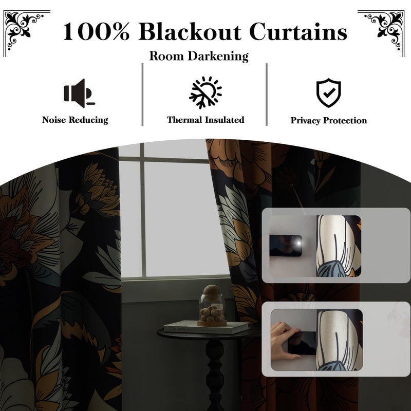 Tyrot 100% Blackout Black Boho Floral Curtains 108 Inches Extra Long for Bedroom Mid Century Botanical Black Out Curtains Room Darkening Grommet Top Thermal Insulated Window Drapes 2 Panels,52Wx108L - Image 2
