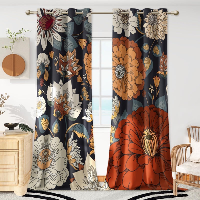 Tyrot 100% Blackout Black Boho Floral Curtains 108 Inches Extra Long for Bedroom Mid Century Botanical Black Out Curtains Room Darkening Grommet Top Thermal Insulated Window Drapes 2 Panels,52Wx108L - Image 1