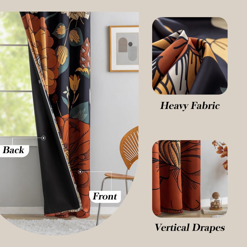 Tyrot 100% Blackout Black Boho Floral Curtains 108 Inches Extra Long for Bedroom Mid Century Botanical Black Out Curtains Room Darkening Grommet Top Thermal Insulated Window Drapes 2 Panels,52Wx108L - Image 5