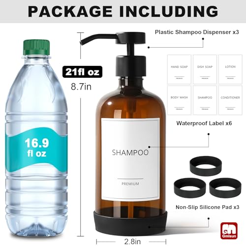 GMISUN Plastic Shampoo and Conditioner Dispenser with Silicone Sleeves 21 oz Amber Shower Soap Dispenser Bottles with Labels Refillable Shampoo Conditioner Body Wash Dispensers Set of 3 - Image 3
