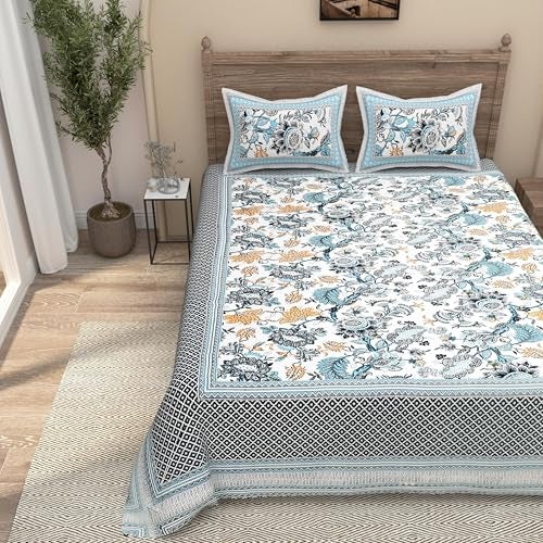EasyGoods® Pure Cotton Ethnic Jaipuri Printed Double Bedsheet with 2 Pillow Covers | Soft & Breathable 240 TC Fabric | Traditional Rajasthani Design for Elegant Home Decor (Turquoise) - Image 2