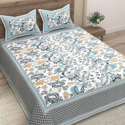 EasyGoods® Pure Cotton Ethnic Jaipuri Printed Double Bedsheet with 2 Pillow Covers | Soft & Breathable 240 TC Fabric | Traditional Rajasthani Design for Elegant Home Decor (Turquoise) - Image 3