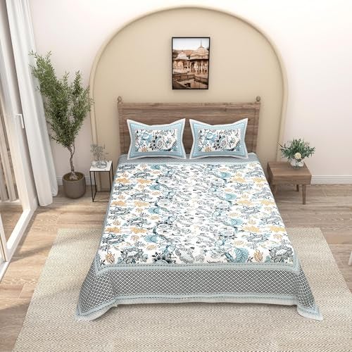 EasyGoods® Pure Cotton Ethnic Jaipuri Printed Double Bedsheet with 2 Pillow Covers | Soft & Breathable 240 TC Fabric | Traditional Rajasthani Design for Elegant Home Decor (Turquoise) - Image 1