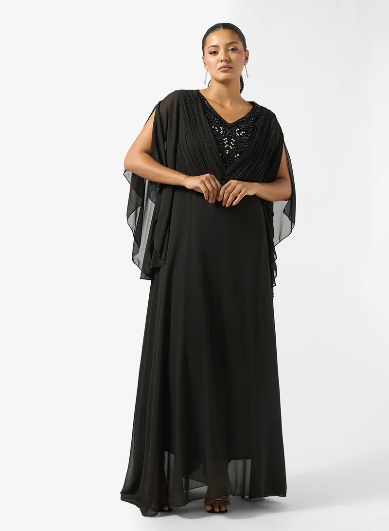 Plus Size Flouncy Sleeve Dress With Embellished Neck