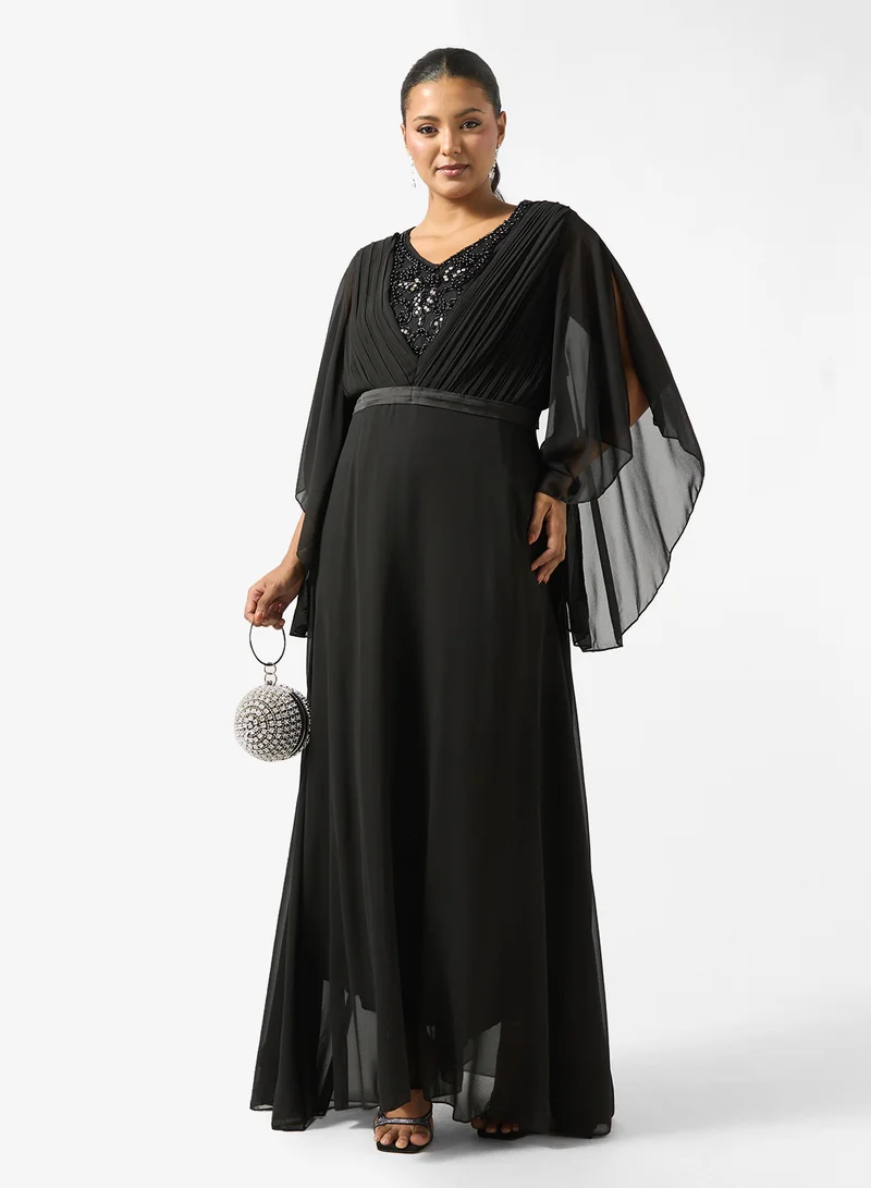 Khizana Plus Size Flouncy Sleeve Dress With Embellished Neck
