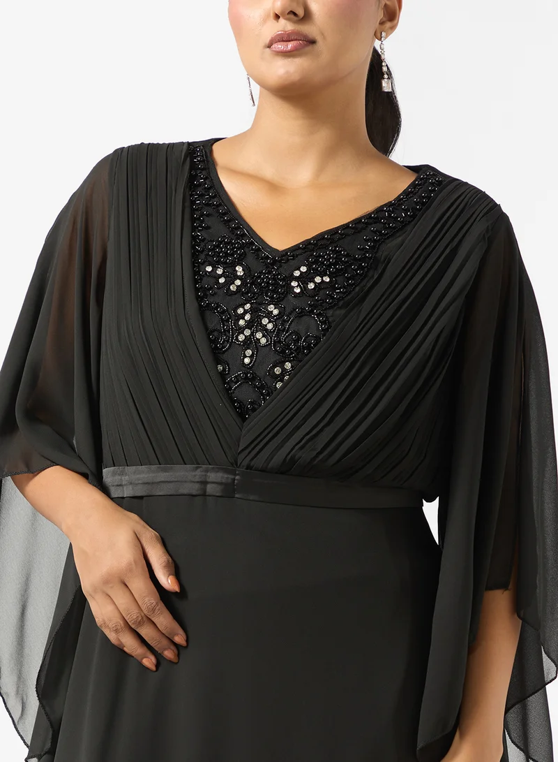 Khizana Plus Size Flouncy Sleeve Dress With Embellished Neck