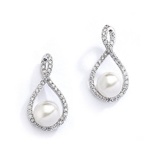 Mariell Pearl Drop Earrings with Cubic Zirconia Crystals For Brides, Weddings, Mother's Day Jewelry Gift - Image 1