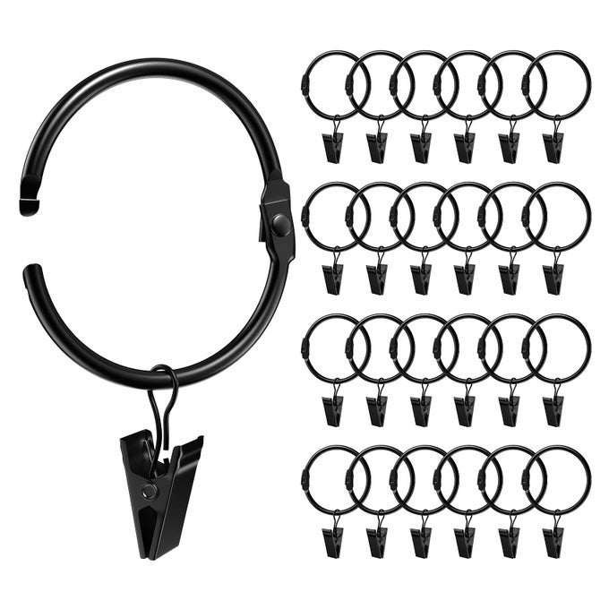 24 PACK 2 INCHES CURTAIN RINGS WITH CLIPS OPENABLE DRAPERY METAL CLIP IRON DRAPES HANGERS DECORATIVE FOR WINDOWS RODS RUSTPROOF BLACK