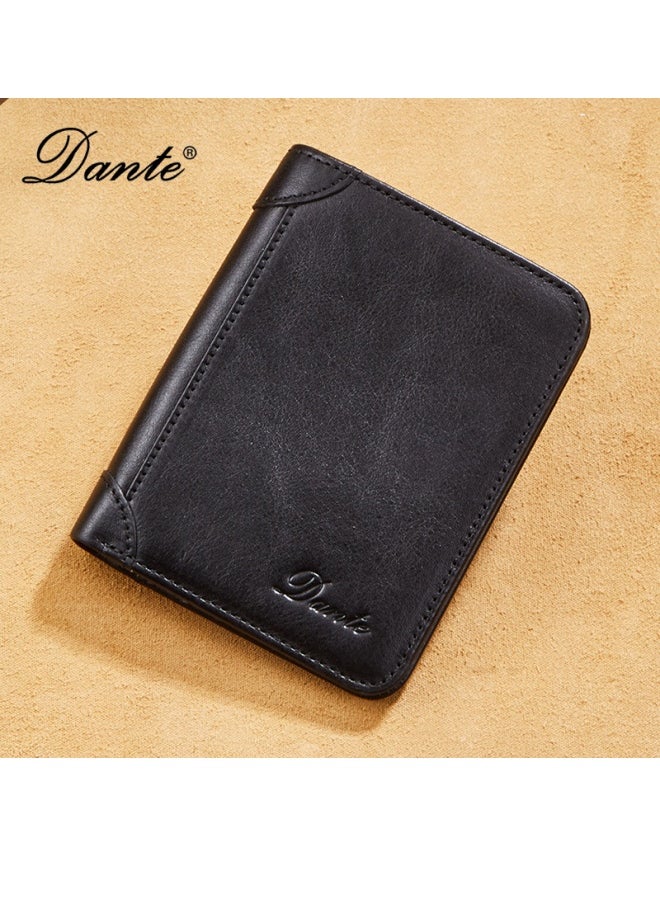 Dante Men's Genuine Leather RFID Anti-theft Brush Vertical Three-sided Retro First-layer Cowhide Wallet Retro Black (Anti-theft Card Swiping)  - Image 1
