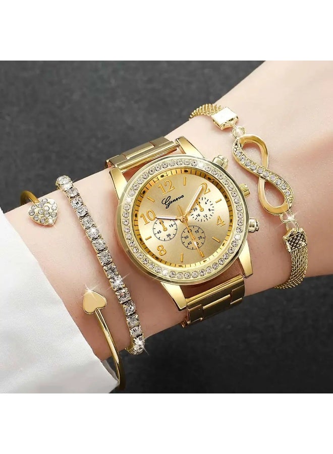 Geneva 4-Piece Women’s Casual Luxury Set (Quartz Watch & Bracelets) Made Of 14K Gold-Plated Stainless Steel - Image 1