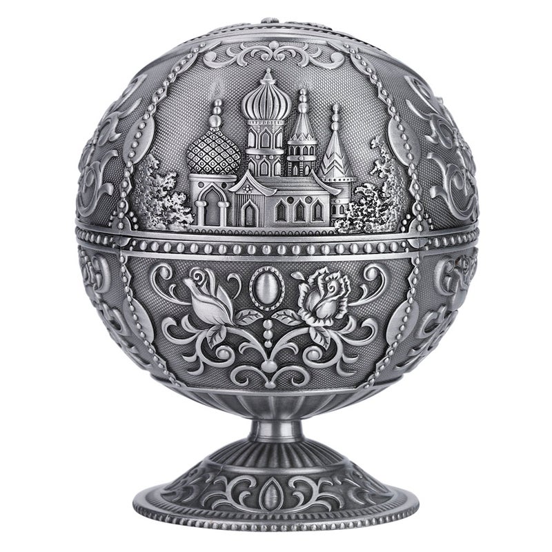Vintage Art Craft Ashtray Metal Round Ball Stamped Pattern Gift Decoration (Silver) - Image 2