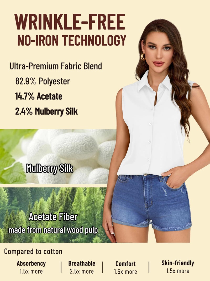 COUXILY Women's Sleeveless Button Down Shirt Tops Solid Casual Loose Blouse Large Womens Collar Office Formal for Women Tank Ladies and Blouses Work Top V Neck Shirts Silk Tshirts Summer White L - Image 2