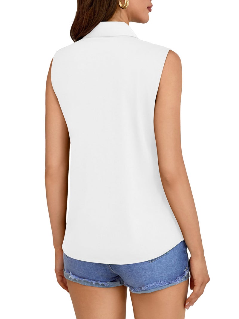COUXILY Women's Sleeveless Button Down Shirt Tops Solid Casual Loose Blouse Large Womens Collar Office Formal for Women Tank Ladies and Blouses Work Top V Neck Shirts Silk Tshirts Summer White L - Image 5