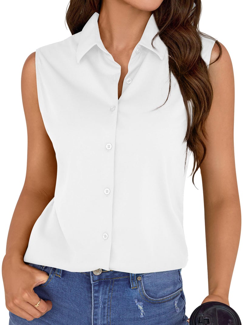COUXILY Women's Sleeveless Button Down Shirt Tops Solid Casual Loose Blouse Large Womens Collar Office Formal for Women Tank Ladies and Blouses Work Top V Neck Shirts Silk Tshirts Summer White L - Image 1
