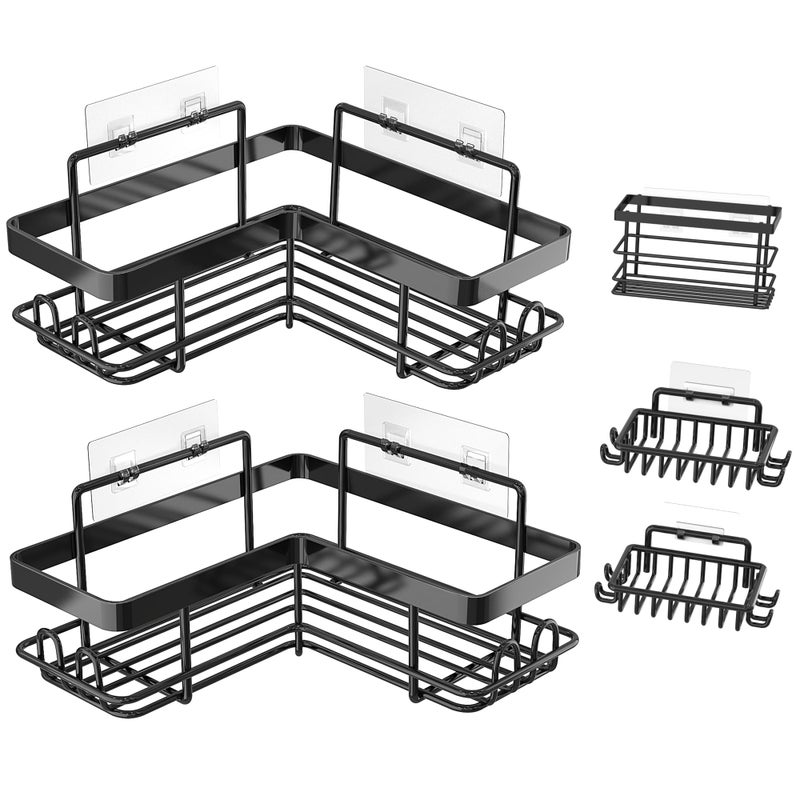 Moforoco 5 عبوات دش العلبة على شكل L. على شكل 10.2in قطرها 90 درجة الزاوية اليمنى مقاومة الصدأ سهلة التثبيت 12 خطاف الصابون منظم دش الزاوية الزاوية الأسود - Image 2