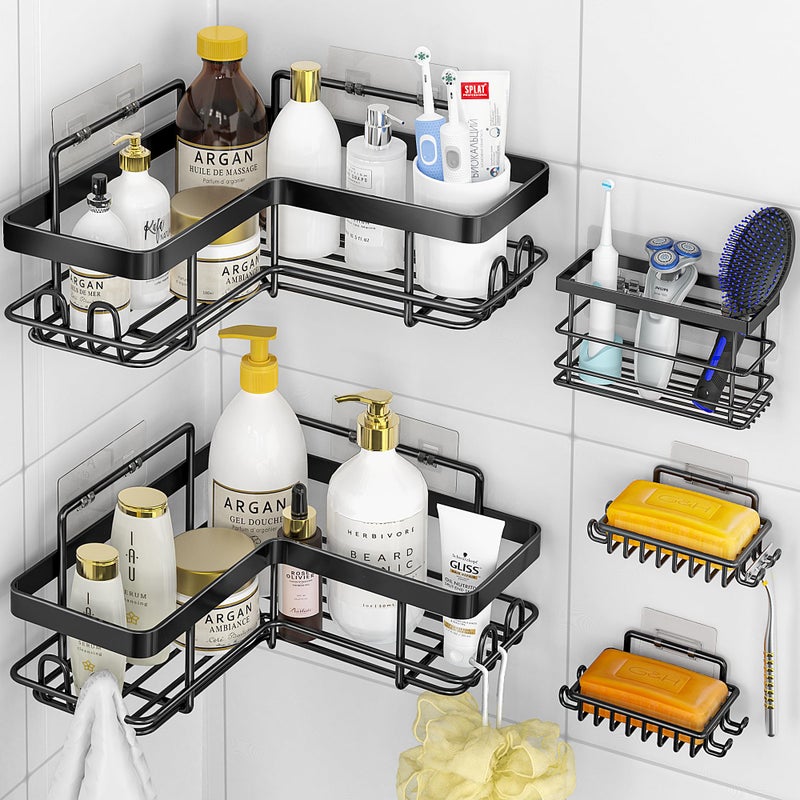 Moforoco 5 عبوات دش العلبة على شكل L. على شكل 10.2in قطرها 90 درجة الزاوية اليمنى مقاومة الصدأ سهلة التثبيت 12 خطاف الصابون منظم دش الزاوية الزاوية الأسود - Image 1