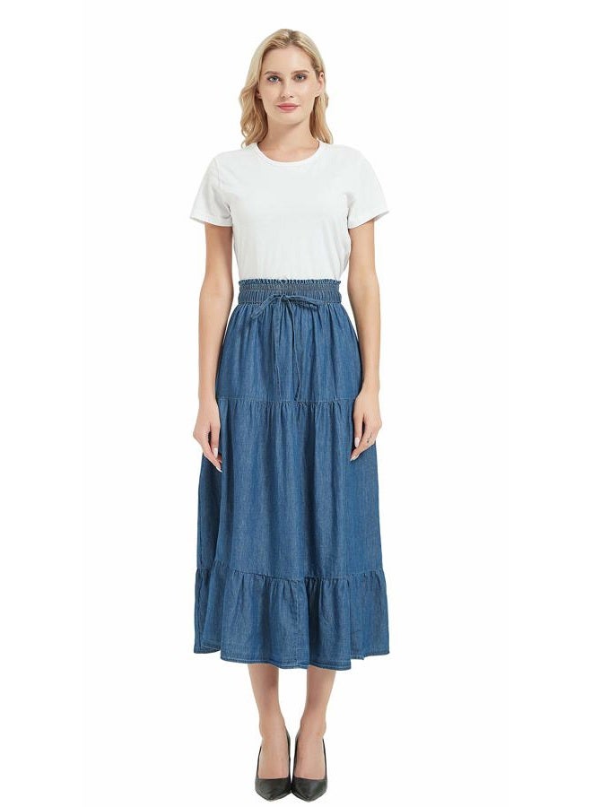 Tronjori Womens A Line Long Midi Denim Skirt Tired Pleated Layers Elastic Waist Front Drawstring(L, Denim Blue) - Image 2