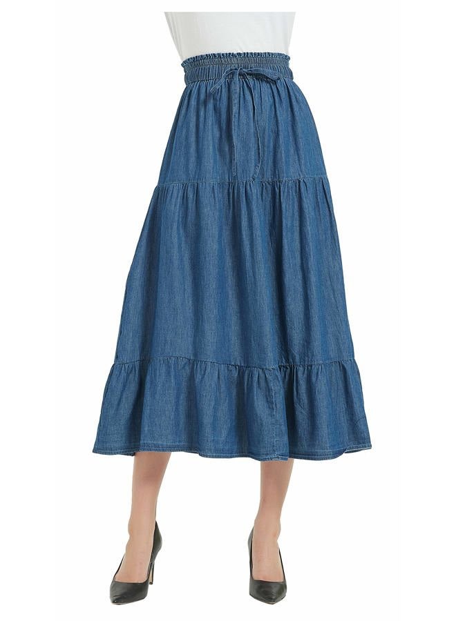 Tronjori Womens A Line Long Midi Denim Skirt Tired Pleated Layers Elastic Waist Front Drawstring(L, Denim Blue) - Image 1