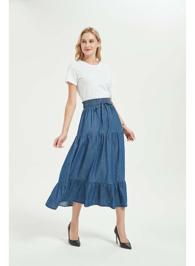 Tronjori Womens A Line Long Midi Denim Skirt Tired Pleated Layers Elastic Waist Front Drawstring(L, Denim Blue) - Image 3
