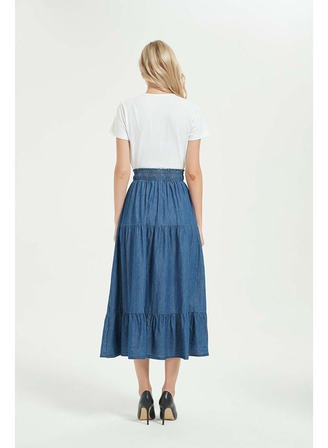 Tronjori Womens A Line Long Midi Denim Skirt Tired Pleated Layers Elastic Waist Front Drawstring(L, Denim Blue) - Image 4