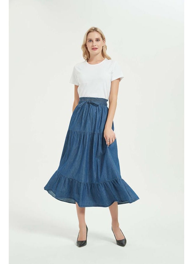 Tronjori Womens A Line Long Midi Denim Skirt Tired Pleated Layers Elastic Waist Front Drawstring(L, Denim Blue) - Image 5